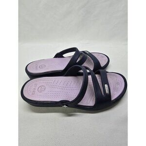 Crocs Patricia Wedge Strappy Slide Slip On Sandals Womens Size 6- Purple/Navy